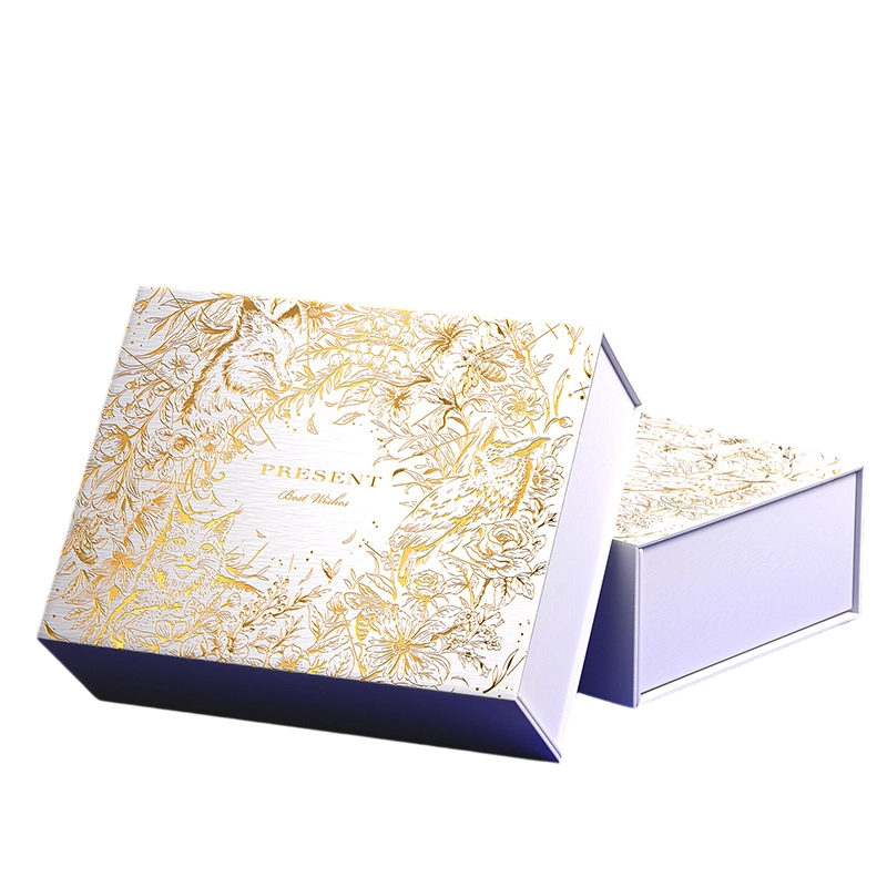 Custom Rigid Box - Magnetic Closure Flat Foldable Gift Box With Gold Foil Forest Animal Floral Print