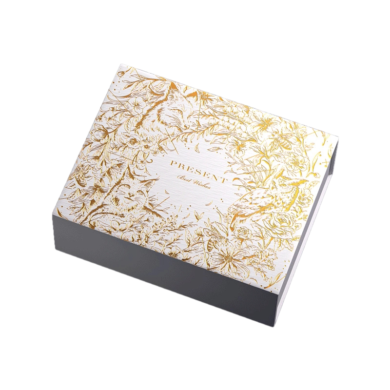 Custom Rigid Box - Magnetic Closure Flat Foldable Gift Box With Gold Foil Forest Animal Floral Print