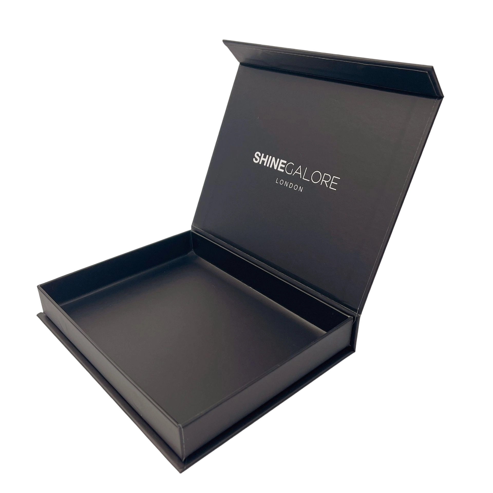 Custom Rigid Box - Magnetic Closure Matte Black Hard Box With White Border & Brand Logo Print For Jewelry