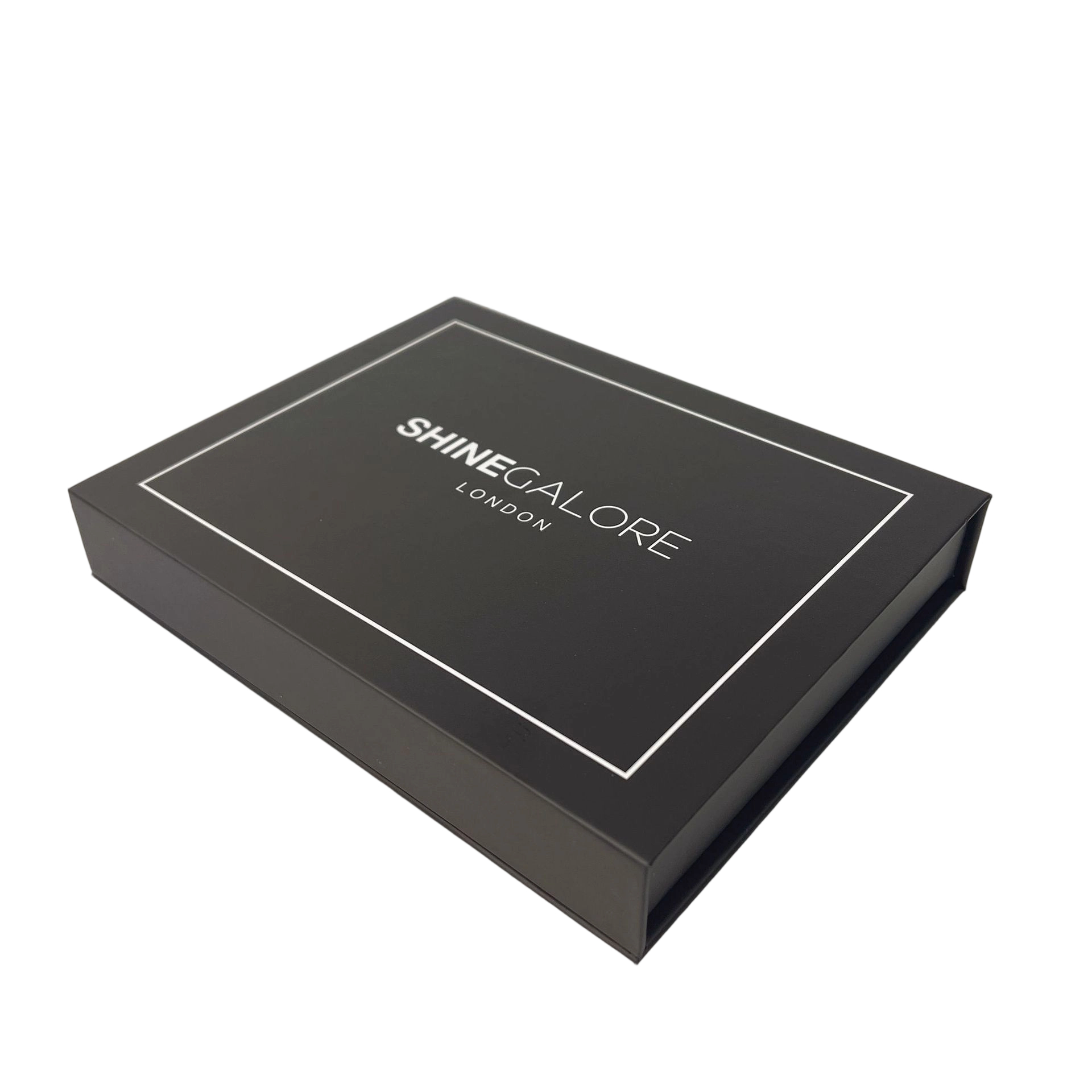 Custom Rigid Box - Magnetic Closure Matte Black Hard Box With White Border & Brand Logo Print For Jewelry