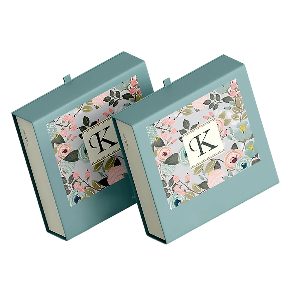 Custom Rigid Box - Magnetic Closure Mint Green Gift Box With Custom Floral & Monogram Logo Print