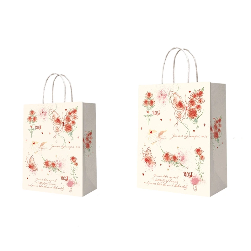 Kraft Paper Bags-Floral & Cartoon print Gift Bags With Twisted paper Handles Custom Logo For Bakery And Flower gift Packaging