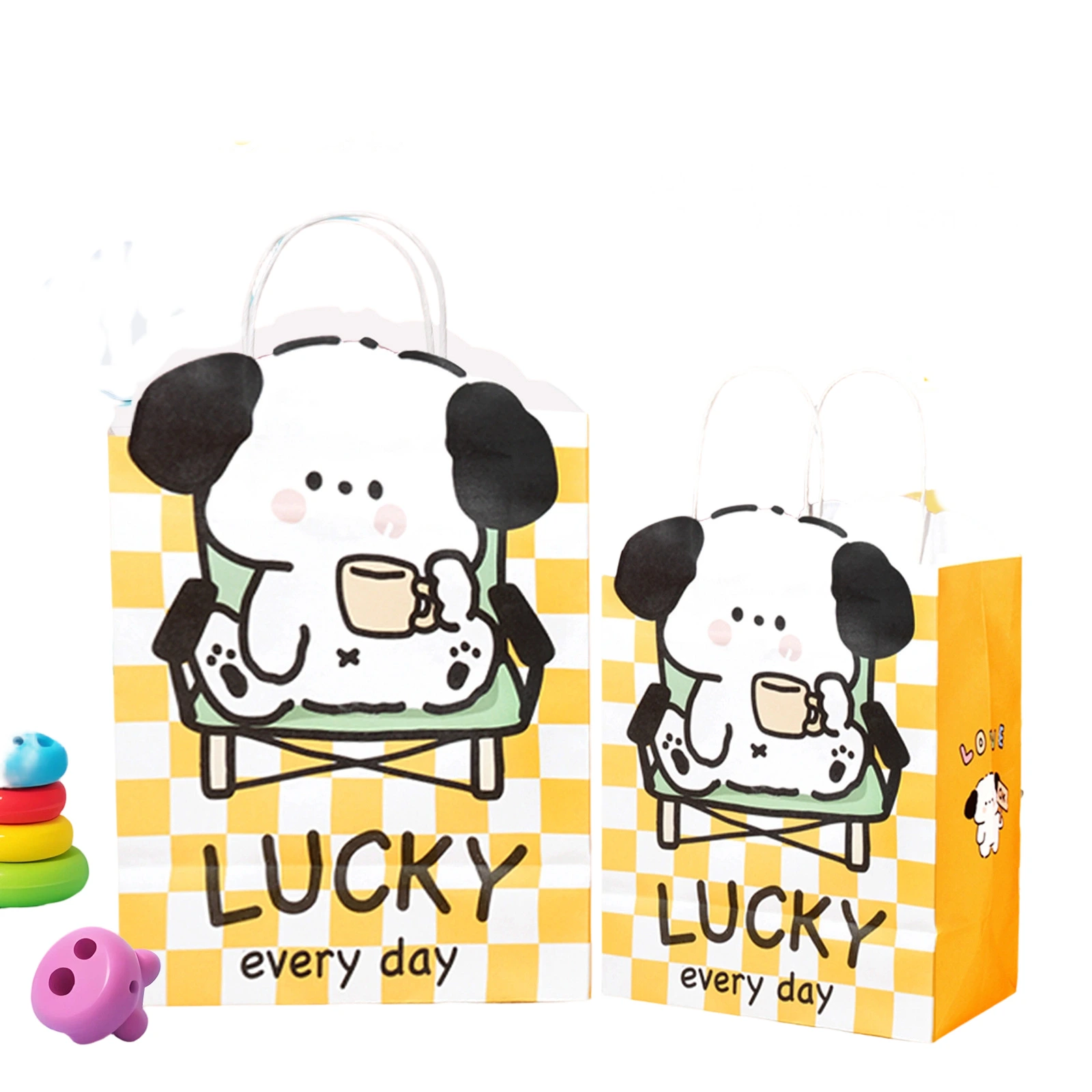Kraft Paper Bags-With Twisted paper Handles, Cute Cartoon Puppy Rabbit Cat Printed Gift Packaging Bags