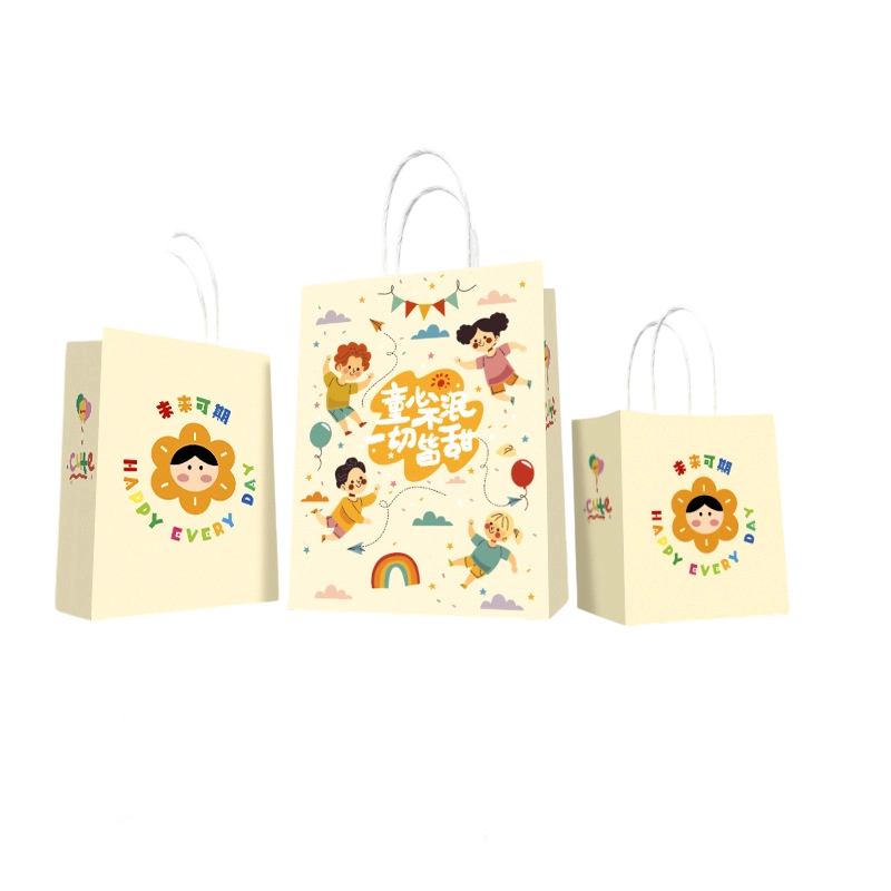 Kraft Paper Bags-Cartoon Printed Gift Bags With Twisted paper Handles Custom Logo For Kids Gifts And Bakery Packaging