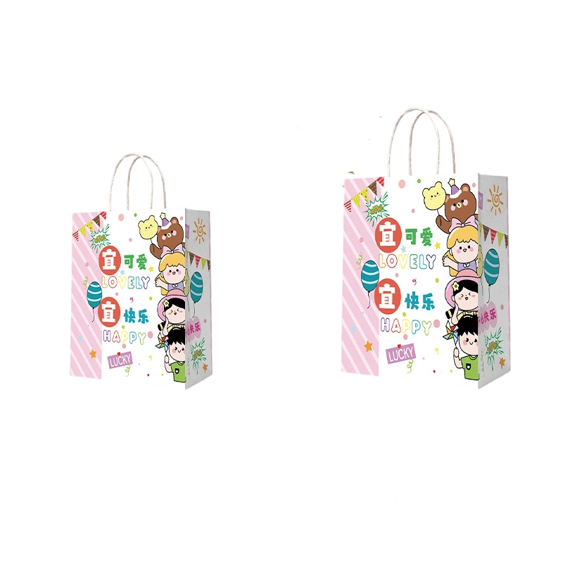 Kraft Paper Bags-Cartoon print Gift Bags With Twisted paper Handles Custom Logo For Kids Gifts And Bakery Packaging