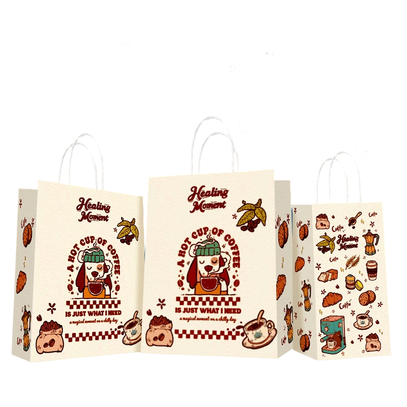 Kraft Paper Bags-Cartoon printed Gift Bags With Twisted paper Handles Custom Logo For Coffee And Pet shop Packaging