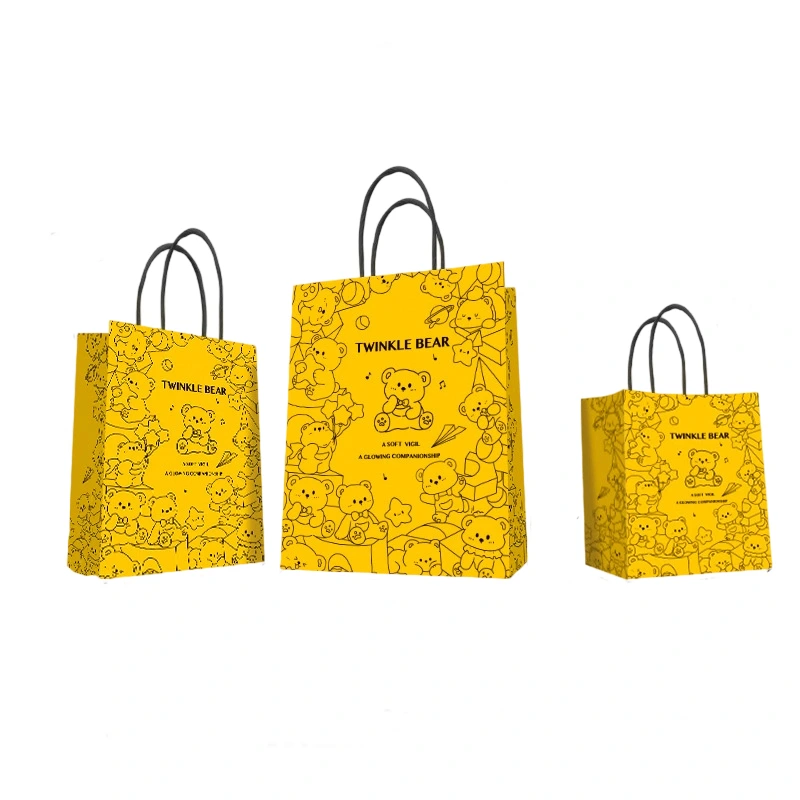 Kraft Paper Bags-Floral & Cartoon print Gift Bags With Twisted paper Handles Custom Logo For Bakery And Flower gift Packaging