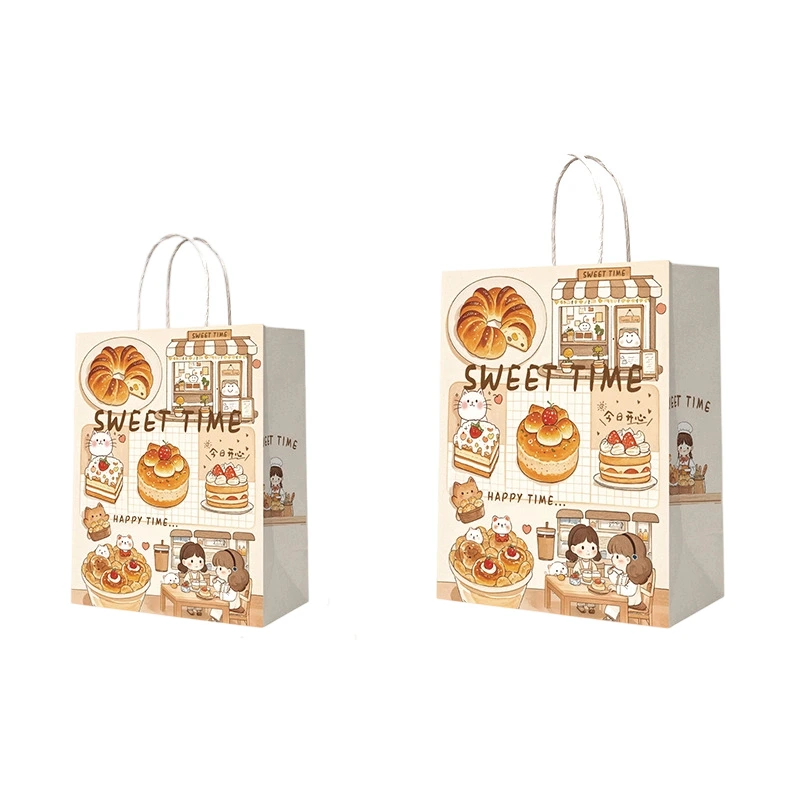 Kraft Paper Bag-Cartoon printed Gift Bags With Twisted paper Handles Custom Logo For Bakery And Flower gift Packaging