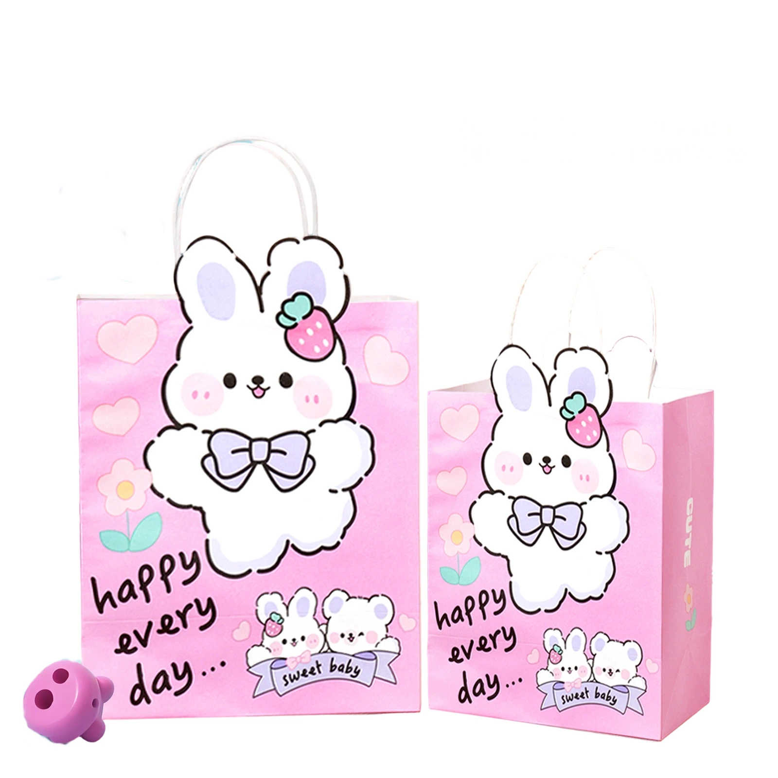 Kraft Paper Bags-With Twisted paper Handles, Cute Cartoon Puppy Rabbit Cat Printed Gift Packaging Bags