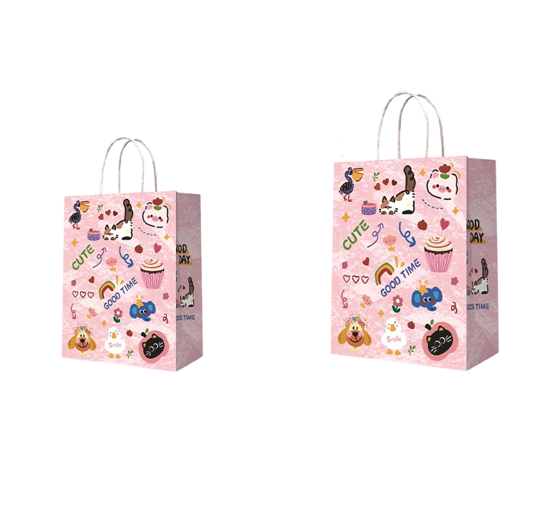 Kraft Paper Bags-Cartoon Printed Gift Bags With Twisted paper Handles Custom Logo For Kids Party And Bakery Packaging