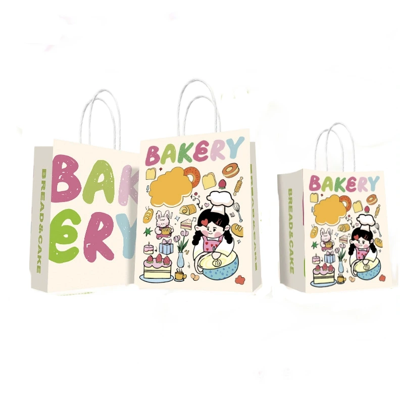 Kraft Paper Bag-Cartoon printed Gift Bags With Twisted paper Handles Custom Logo For Bakery And Flower gift Packaging
