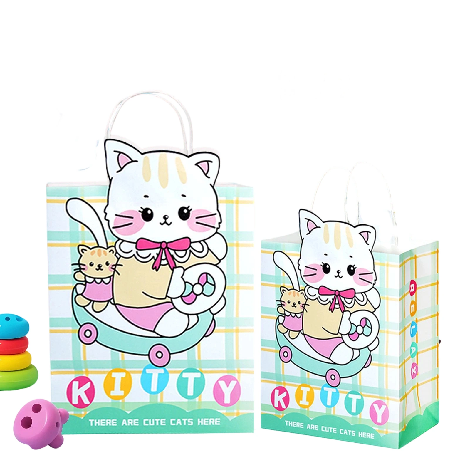 Kraft Paper Bags-With Twisted paper Handles, Cute Cartoon Puppy Rabbit Cat Printed Gift Packaging Bags
