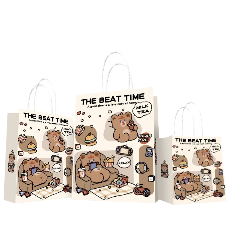 Kraft Paper Bags-Floral & Cartoon‑print Gift Bags With Twisted‑paper Handles Custom Logo For Birthday And Flower‑gift Packaging