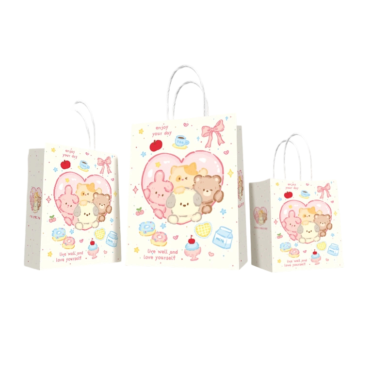Kraft Paper Bags-Cartoon Printed Gift Bags With Twisted paper Handles Custom Logo For Kids Party And Bakery Packaging