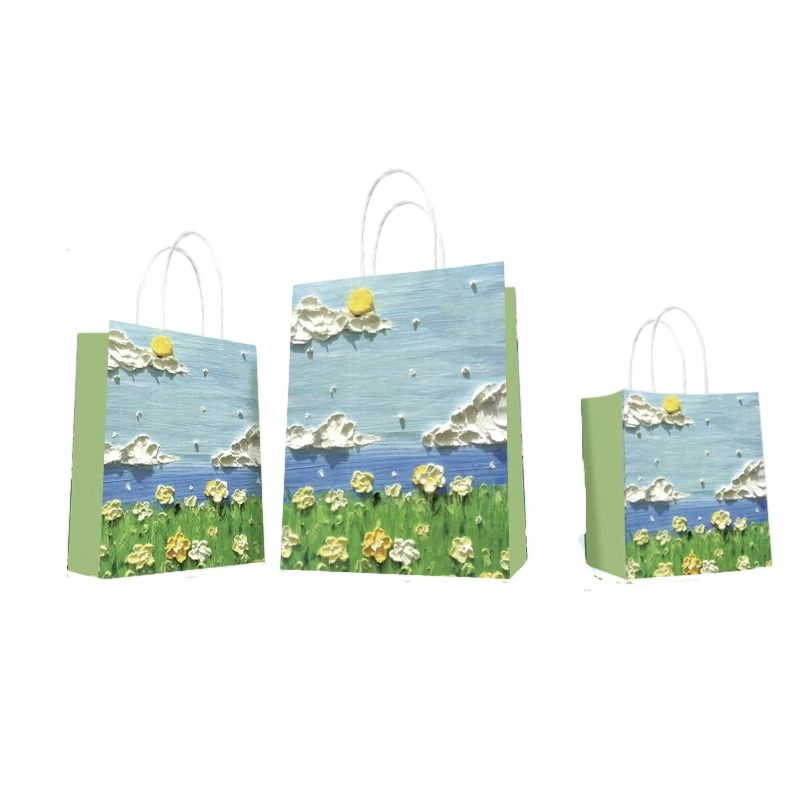 Kraft Paper Bags-Floral & Cartoon print Gift Bags With Twisted paper Handles Custom Logo For Bakery And Flower gift Packaging