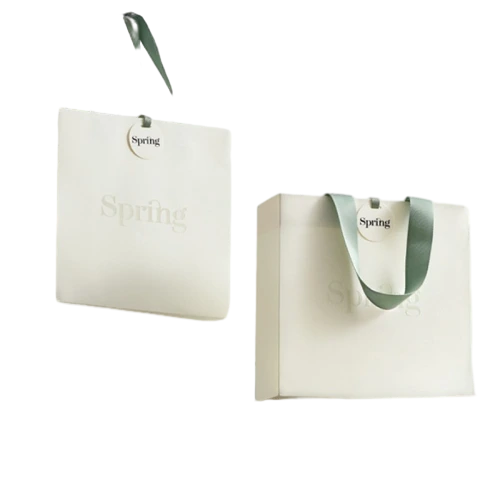 Special Craft Paper Bags - Embossed Spring Word Sage Green Satin Ribbon Gift Tote Packaging For Cosmetic Boutique Wholesale