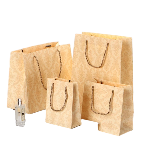 Special Craft Paper Bags - Beige Matte Retro Damask Pattern Craft Gift Bags With Color-matched Twisted Rope Handles For Luxury Beauty Small Gift Packing