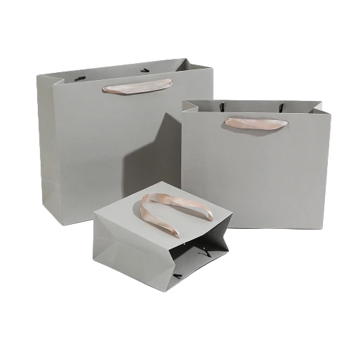 Special Craft Paper Bags - Champagne Satin Ribbon Matte Grey Craft Tote Packaging For Apparel Cosmetic Store Wholesale
