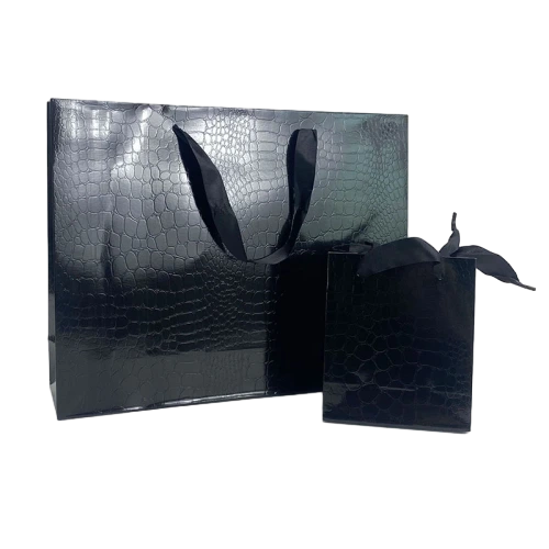 Special Craft Paper Bags - Black Gloss Crocodile Embossed Satin Ribbon Tote Packaging For Luxury Jewelry Boutique Wholesale