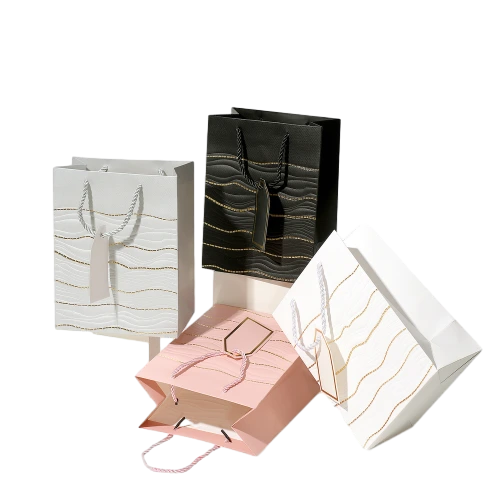 Special Craft Paper Bags - Embossed Gold Foil Wave Twisted Rope Gift Tote Packaging For Birthday Holiday Wholesale
