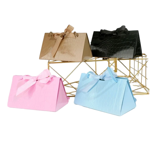 Special Craft Paper Bags - Gloss Crocodile Embossed Triangle Satin Bow Gift Tote Packaging For Wedding Candy Wholesale