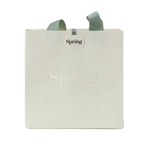 Special Craft Paper Bags - Embossed Spring Word Sage Green Satin Ribbon Gift Tote Packaging For Cosmetic Boutique Wholesale