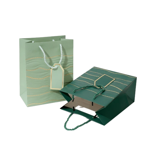 Special Craft Paper Bags - Embossed Gold Foil Wave Twisted Rope Gift Tote Packaging For Birthday Holiday Wholesale