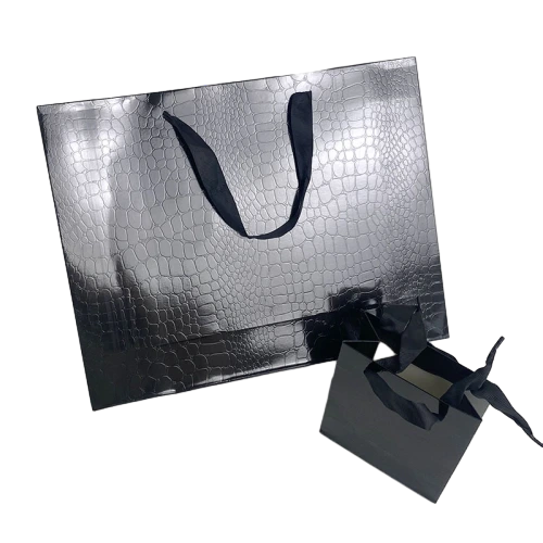 Special Craft Paper Bags - Black Gloss Crocodile Embossed Satin Ribbon Tote Packaging For Luxury Jewelry Boutique Wholesale