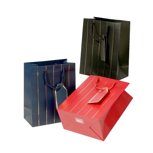 Special Craft Paper Bags - Vertical Gold Foil Line Twisted Paper Rope Gift Tote Packaging For Cosmetic Jewelry Boutique Wholesale