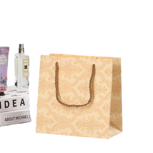 Special Craft Paper Bags - Beige Matte Retro Damask Pattern Craft Gift Bags With Color-matched Twisted Rope Handles For Luxury Beauty Small Gift Packing