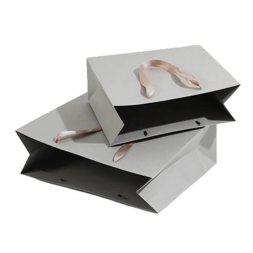 Special Craft Paper Bags - Champagne Satin Ribbon Matte Grey Craft Tote Packaging For Apparel Cosmetic Store Wholesale