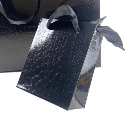 Special Craft Paper Bags - Black Gloss Crocodile Embossed Satin Ribbon Tote Packaging For Luxury Jewelry Boutique Wholesale
