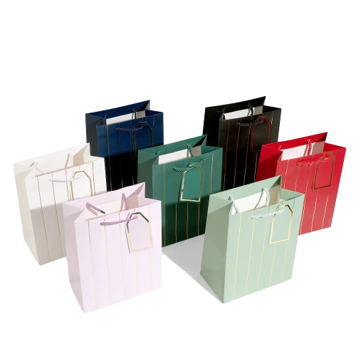 Special Craft Paper Bags - Vertical Gold Foil Line Twisted Paper Rope Gift Tote Packaging For Cosmetic Jewelry Boutique Wholesale