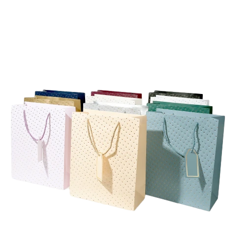 Special Craft Paper Bags - Multi-color Dot Print Craft Bags With Matching Paper Rope Handles & Blank Gold Hang Tags For Wedding Packing