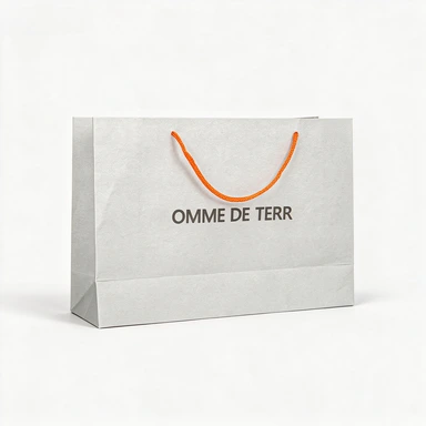 Coated Art Paper Bags-With Orange Twisted Paper Rope Handles, Silver Metallic Custom Logo Brand Shopping Bags