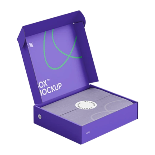 This eye catching vibrant purple corrugated mailer box is built from heavy duty recyclable corrugated board with smooth matte outer finish. Custom abstract curve graphics brand text and logo can be printed on both exterior and inner lid for a modern unboxing experience. The flat foldable structure can save much warehouse storage space when boxes are not assembled. It offers excellent protection for clothing accessories electronic gadgets and promotional gifts, well suited for creative brands and largevolume wholesale orders.
