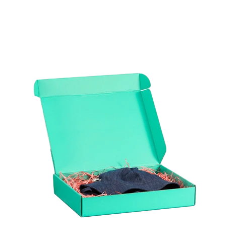 This striking turquoise corrugated mailer box is crafted from strong recyclable corrugated paper with smooth matte finish on both outer and inner sides. The blank clean surface allows you to add your unique brand logo slogan or artwork for full customisation. Its roomy inner space fits clothing accessories and gifts and can be matched with shredded paper filler for premium gift packing. The flat foldable design helps to save warehouse storage space, ideal for clothing shops online boutiques and large wholesale orders.