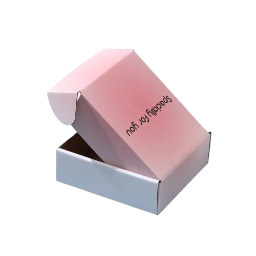 This romantic pink gradient corrugated mailer box is made of durable recyclable corrugated board with smooth matte surface. Warm greeting text or custom brand slogan can be printed on the gradient outer panel to deliver thoughtful feelings to recipients. The foldable flat pack design helps you save much warehouse storage space when boxes are not assembled. It provides stable protection for cosmetics accessories jewelry and holiday gifts, an elegant shipping packaging choice for gift shops and large wholesale orders.