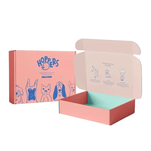 This lovely pink corrugated mailer box is made of high quality recyclable corrugated paper with smooth matte outer surface. Cute handdrawn dog illustrations and custom brand name can be printed on the exterior, while guidance text and pet patterns are available for the inner lid. The spacious inner compartment fits pet toys snacks and grooming supplies perfectly. Its flat foldable structure saves warehouse storage space, making it an ideal custom shipping box for pet product brands and large wholesale orders.