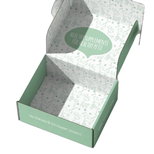 This soft sage green corrugated mailer box is crafted from durable recyclable corrugated paper with clean matte outer finish. The inner lid and base can be fully decorated with repeating hand drawn dog and cat doodles, paired with custom brand slogans and social media information printed on outer edges. Its roomy interior is well suited for pet health supplements snacks and wellness products. The flat foldable design effectively saves warehouse storage space, making it a premium custom shipping packaging solution for pet care brands and large volume wholesale orders.