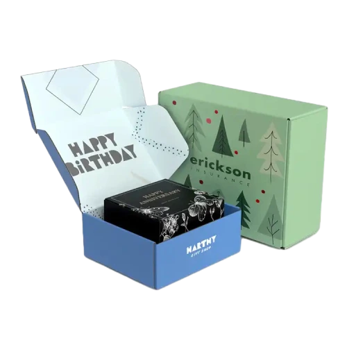This stylish twotone corrugated mailer box is made of high quality recyclable corrugated paper with smooth matte outer finish. Custom greeting words such as happy birthday can be printed on the inner lid to bring warm surprise for recipients. Outer surface supports full color printing with tree patterns brand name and decorative elements. The roomy inner space can hold candles cosmetics snacks and other birthday gift items. Its flat foldable design saves warehouse storage space, making it a premium custom packaging choice for holiday gifts corporate giveaways and large volume wholesale orders.