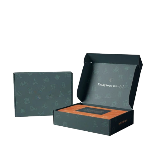 This stylish twotone corrugated mailer box is made of high quality recyclable corrugated paper with smooth matte outer finish. Custom greeting words such as happy birthday can be printed on the inner lid to bring warm surprise for recipients. Outer surface supports full color printing with tree patterns brand name and decorative elements. The roomy inner space can hold candles cosmetics snacks and other birthday gift items. Its flat foldable design saves warehouse storage space, making it a premium custom packaging choice for holiday gifts corporate giveaways and large volume wholesale orders.