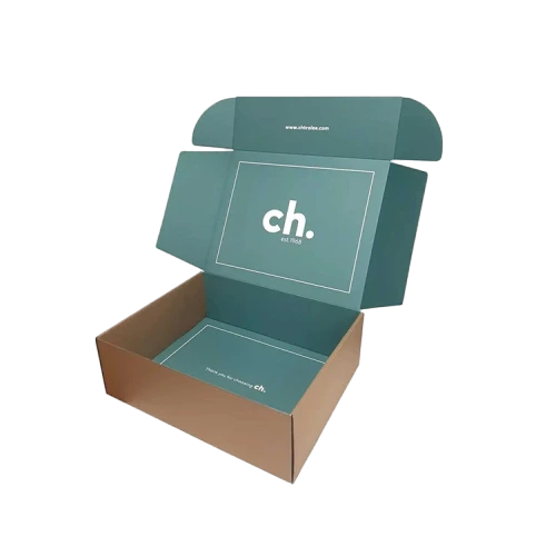 This premium two tone corrugated mailer box is made of high quality recyclable corrugated paper. It features natural kraft brown exterior and elegant teal interior surface. Custom brand logo website address and thank you message can be printed on the inner lid and base to deliver thoughtful brand impressions during unboxing. The generous inner space is suitable for apparel cosmetics and small retail goods. Its flat foldable design saves warehouse storage space, which serves as a sophisticated custom shipping packaging solution for modern brands and large volume wholesale orders.