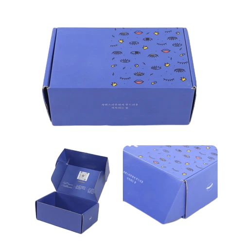 This royal blue corrugated mailer box is crafted from strong single wall corrugated board for reliable shipping protection. Vivid full color graphic printing can be added on both outer and inner surfaces to showcase unique brand artwork. It adopts convenient foldable structure and can be stored in flat status to save warehouse space. Fully customisable with your own patterns text and QR code print, ideal for clothing cosmetics handmade gifts and retail product delivery, suitable for wholesale bulk orders.