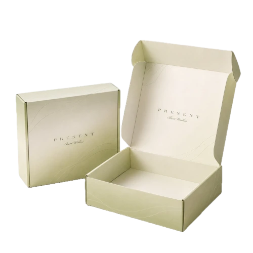 This elegant pale cream corrugated mailer box is made of durable eco friendly corrugated paper with soft matte surface finish. Subtle wave patterns and warm greeting words can be printed on both outer shell and inner lid to upgrade your gift presentation. The foldable flat pack design greatly saves warehouse storage space. It delivers stable protection for cosmetics clothing wedding favors and holiday gifts in transit, an ideal packaging choice for boutique sellers and bulk wholesale purchase.