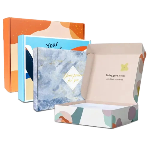 This artistic full color printed corrugated mailer box is crafted from sturdy recyclable corrugated board. Multiple modern abstract watercolor and geometric patterns are available for outer surface decoration. Custom text logo and small graphic can be printed on the inner lid to surprise customers while opening packages. The flat foldable structure helps you save warehouse space. It provides excellent protection for clothing accessories cosmetics and handmade gifts, well suited for boutique brands and large wholesale orders.
