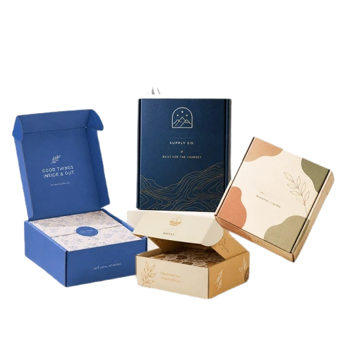 These minimalist styled corrugated mailer boxes are made of durable eco friendly corrugated paper with smooth matte outer finish. Custom brand text and delicate nature themed line graphics can be decorated with premium gold hot stamping process on both outer cover and inner lid. The foldable flat pack structure greatly reduces storage space when empty. These sturdy mailer boxes provide reliable protection for cosmetics baked goods clothing and handmade gifts, perfect for boutique shops and large volume wholesale orders.