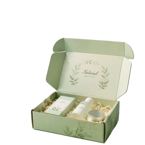 This soft sage green corrugated mailer box is made of sturdy recyclable corrugated paper with smooth matte surface. Delicate leaf and wreath patterns can be printed on the box exterior and inner lid to create a fresh natural style. The spacious interior can hold skincare bottles jars and gift filler for complete beauty gift sets. Its foldable flat pack design helps save warehouse storage space, ideal for skincare brands boutique shops and large wholesale orders.
