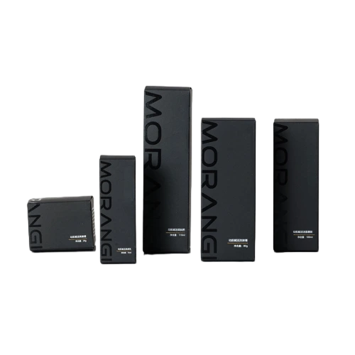 This set of matte black cardboard packaging boxes supplies abundant specifications ranging from short square containers to varied tall rectangular sizes. Made from sturdy thick duty paper material, the box surface supports vertical brand logo printing and customized label information. The neat solid black minimalist appearance suits creams cleansers serums and other skincare items. We accept personalised dimension adjustments surface craft processing and logo printing service, suitable for cosmetic brand packing and large scale wholesale supply.