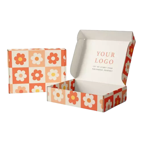 These stylish custom printed corrugated mailer boxes come in multiple distinctive surface prints including checkered flower abstract artwork minimalist curvedline and vintage hotstamped butterfly designs. Made of sturdy lightweight corrugated cardboard the foldover lid structure is easy to assemble and offers great compression resistance for transit protection. Custom logo slogan and interiorlid printing service is supported. Suitable for apparel cosmetics handmade gifts and boutique goods packaging available for large order wholesale customization.
